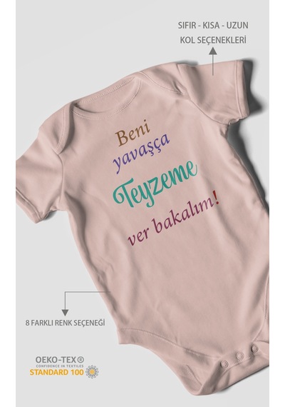 Beni Yavaşça Teyzeme Ver Bakalım Baskılı Bebek Zıbını Çıtçıtlı Body %100 Pamuk Kısa Kol Pastel Pembe