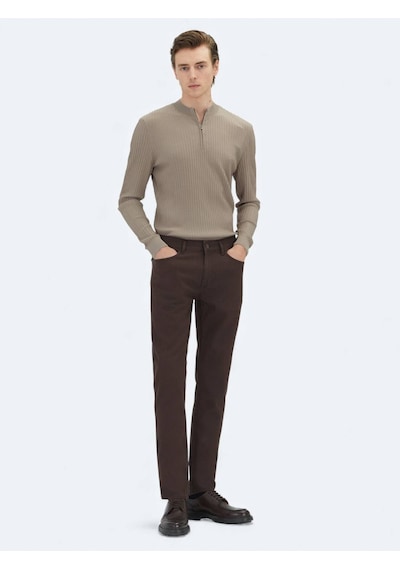 Kip Kahverengi Dokuma Regular Fit Casual Pamuk Karışımlı Pantolon Kahverengi
