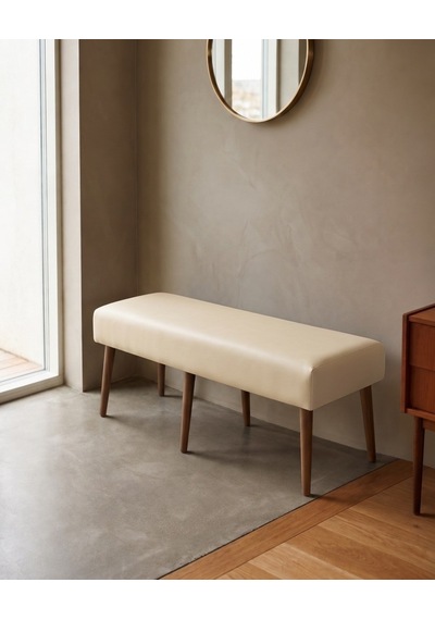 Krem Deri Bank Bench Oturma Pufu Modern Salon Antre Puf Ayakkabılık Önü Koltuk 40x120