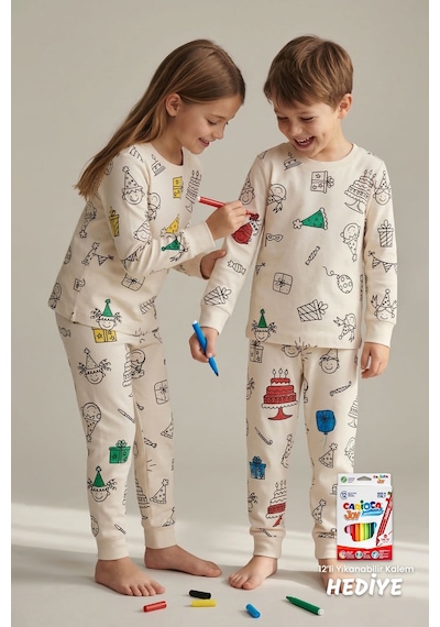 Zuzunga Boyanabilir Doğum Günü Temalı Çocuk Pijama Takımı Yıkanabilir 12-li Kalem Hediyeli Ekru1
