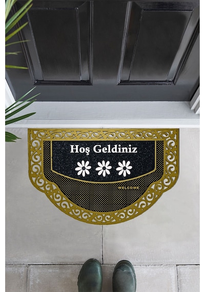 Yarım Ay Modeli Hoş Geldiniz Yazlı Çiçek Desenli Kapı Önü Paspası Altın