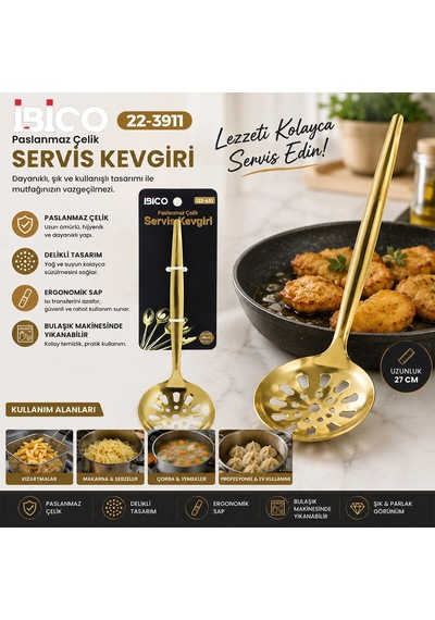 Kevgir Lüks Paslanmaz Çelik Dayanıklı Ergonomik Tasarım Şık Parlak Gold Metal Servis Kevgiri 27 Cm