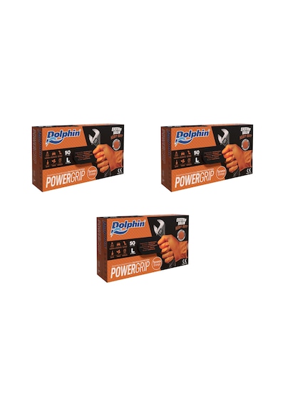 Dolphin Nitril Powergrip Ekstra Kalın Elmas Dokulu Eldiven Turuncu Large Büyük Boy - 50'li 3 Paket