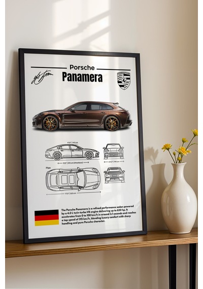 Porsche Panamera Tablo - Teknik Özellikli Lüks Sedan Poster - Çerçeveli Duvar Dekoru - Blueprint Siyah