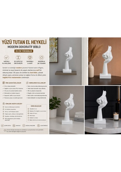 Yüzü Tutan El Heykeli 25 Cm 3d Baskı Modern Dekoratif Biblo Minimalist Tasarım Pla Sağlıklı Malzeme 25cm