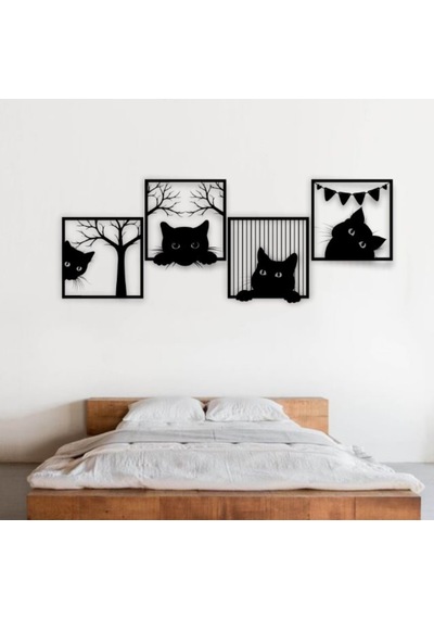 Siyah Ahşap Kediler 30cm X 30cm 4 Adet Tablo Duvar Dekoru 3mm Mdf Lazer Kesim