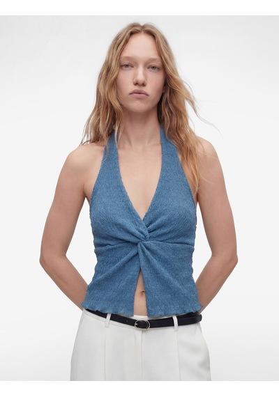 Koton Bürümcük Kolsuz V Yaka Halter Yaka Crop Bluz Mavi 6sal30107ık