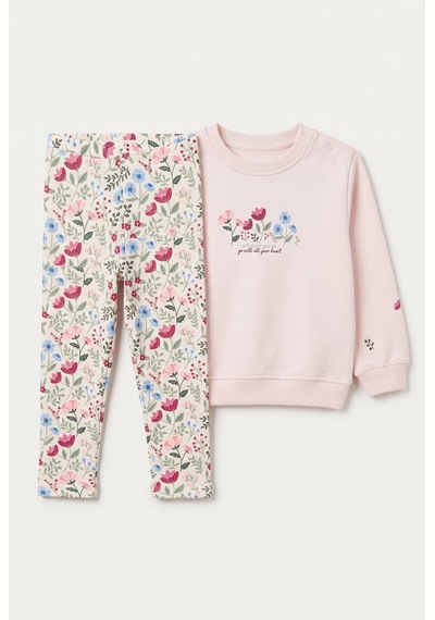 Minipomes 1-4 Yaş Kız Bebek Flover Garden Ribana Taytlı Sweat Takım Pembe
