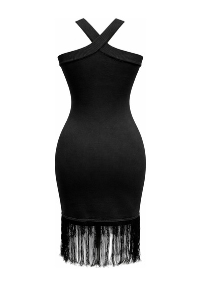 Mixray 2077 Kadın Çapraz Askılı Püskül Detaylı Bodycon Mini Elbise Siyah