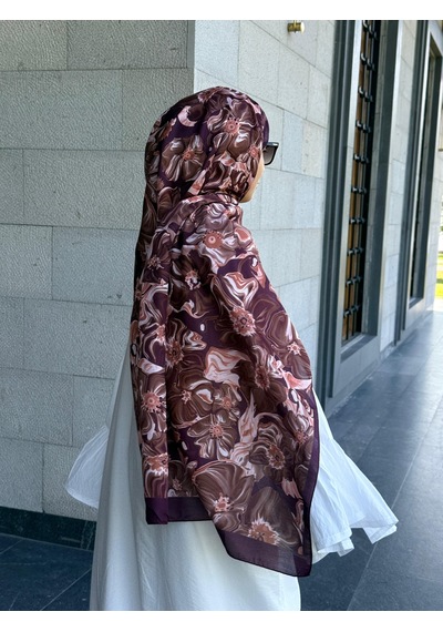 Qalortex Scarf Pamuklu Mimoza Desen Şal- Mürdüm