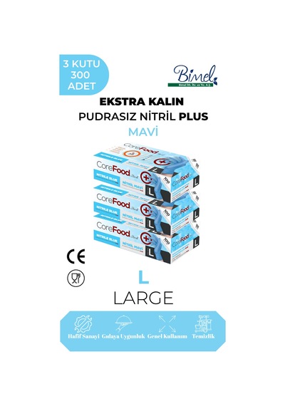 Ekstra Kalın Nitril Mavi Plus Muayene Eldiveni L - 3 Paket 100'lü