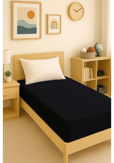 140 X 200 Cm Düz Pamuklu Tek Kişilik Lastikli Fitted Penye Çarşaf Siyah