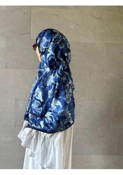 Qalortex Scarf Pamuklu Mimoza Desen Şal- Lacivert