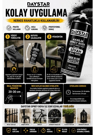 Parlak Siyah Akrilik Sprey Boya Ral 9005 400 Ml Hızlı Kuruyan Yüksek Kapatıcılı Metal Ahşap Plastik Çok Renkli Parlak Siyah Akrilik Sprey Boya Ral 9005 400 Ml Hızlı Kuruyan Yüksek Kapatıcılı Metal Ahşap Plastik Çok Renkli