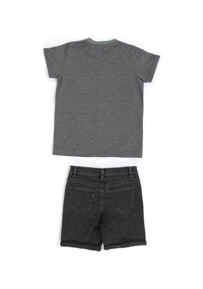 Casabony Wild Dino Gri Denim Şort - T-shirt Takım - Antrasit