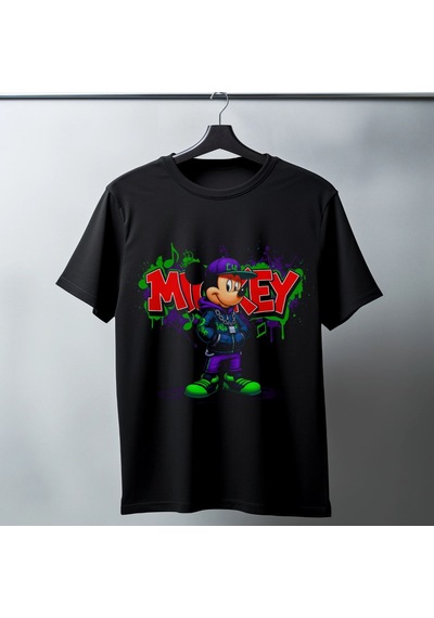 Vinevesta Mickey Mouse Graffiti Baskılı Unisex Siyah Oversize Tişört - 24/1 Penye Çok Renkli