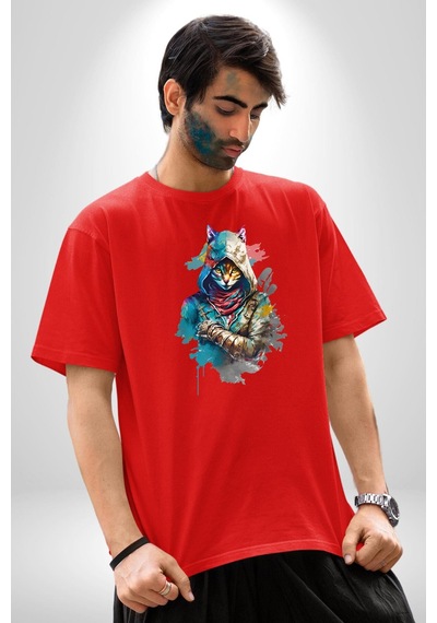 Kedi Assassin's Creed Pamuklu Bisiklet Yaka Unisex Oversize Boyfriend Dijital Baskılı Kırmızı T-shirt Kırmızı