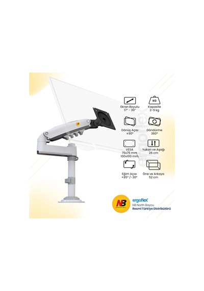 Lexroo North Bayou Nb H100 Ergonomic 17"-32" Amortisörlü 2-9 Kg Monitör Standı Beyaz