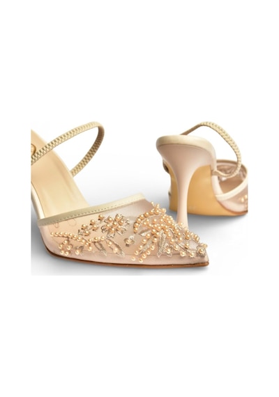 Fox Shoes Y726462415 Bej File Boncuk İşlemeli İnce Topuklu Ayakkabı Bej