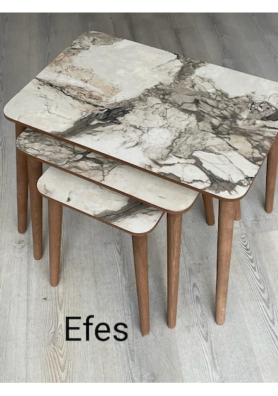 Modern Ahşap Zigon Sehpa Takımı Efes Beyaz Mermer
