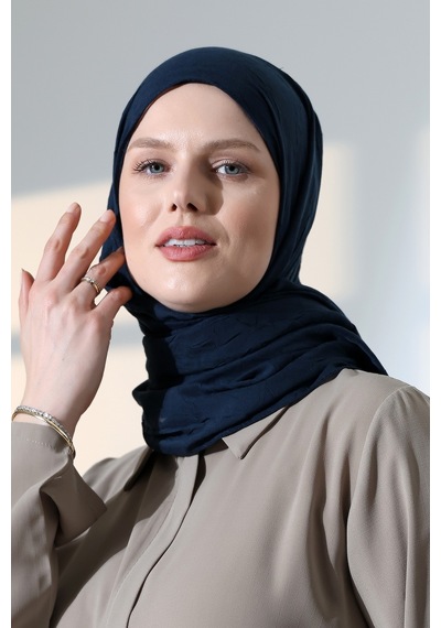 Kadın Tesettür Bambu Kraş Şal, Ütü Gerektirmeyen Doğal Hijab Başörtüsü 75x180 Cm - Lacivert