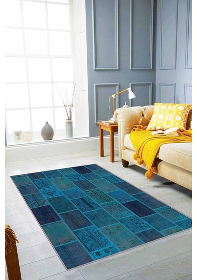 Turkuaz Patchwork Kaymaz Tabanlı Dekoratif Halı Rv225n11