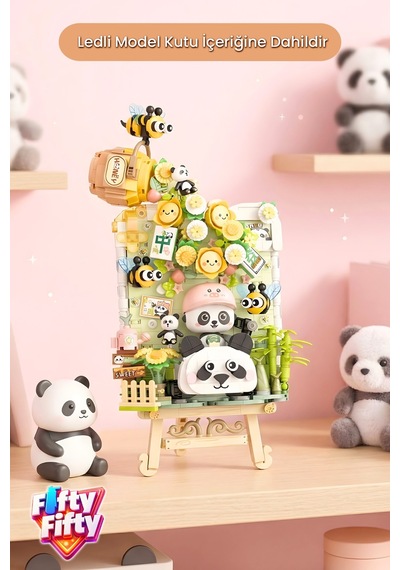 Loz Creative Serisi Ledli Panda Ve Arı Şövale Figürü 751 Parça Blok Oyuncak Dekoratif Yapım Seti -1302