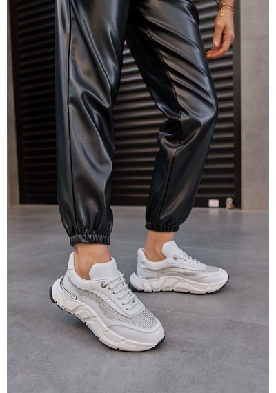 Hilary Beyaz Hakiki Deri Taşlı Kadın Sneaker-Beyaz