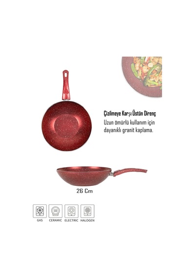 Bonetti Granit Kırmızı Wok Tava 28 Cm Yapışmaz Yüzey Kırmızı