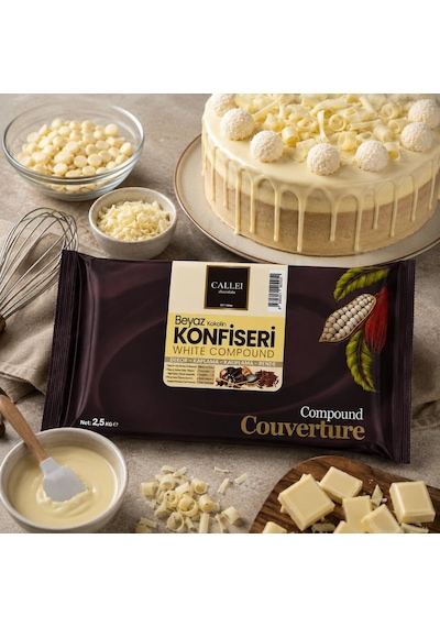 Callei Chocolate Beyaz Konfiseri Kokolin Blok 2,5 Kg Pasta, Tatlı Ve Dekor Kaplamaları İçin Yoğun Beyaz Kokolin