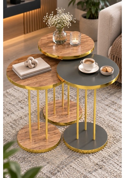 Sulorahome Ceviz Desenli Gold Ayaklı Yuvarlak 3'lü Zigon Sehpa Takımı Altın - Kahverengi
