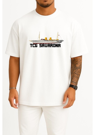 Bahriyeli Collection Oversize Tcg Savarona Göğüs Ve Sırt Tasarımlı Unisex T-shirt Beyaz