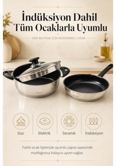 3 Parça Çelik Tencere & Tava Seti 22 Cm İndüksiyon Uyumlu, Süzgeç Kapaklı Diğer