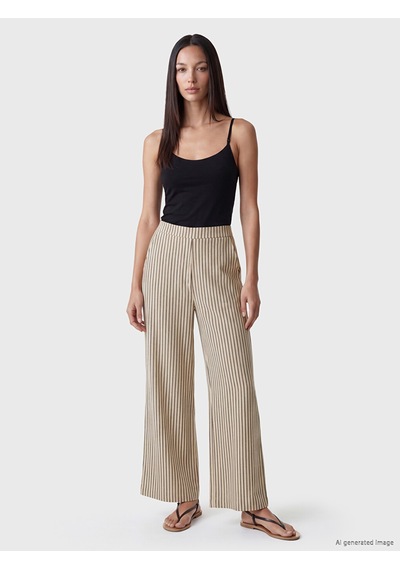 Lcw Everyday Ekru Beli Lastikli Çizgili Kadın Pantolon