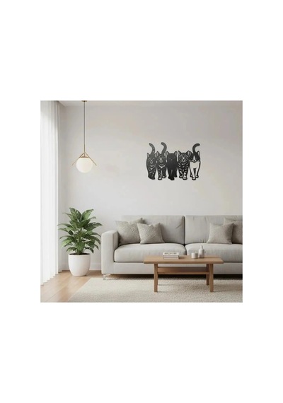 Kedi Çetesi Beşli Kedi Silüeti Metal Duvar Dekoru - Metal Duvar Sanatı - Mor - 50 X 35 Cm