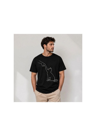 Butik İstanbul Erkek Minimal Kedi Çizim Baskılı Tişört Kısa Kol Yazlık T-shirt - Siyah