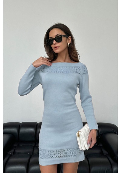 Aqe Fashion Kadın Kayık Yaka Yakası Dantel Detaylı Mint Triko Elbise Bebe Mavisi