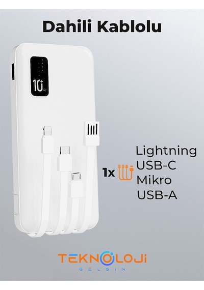 10.000 Mah Powerbank Elfenerli Dijital Led Gösterge Kendinden Kablolu Taşınabilir Şarj Aleti 4 Çıkış Siyah