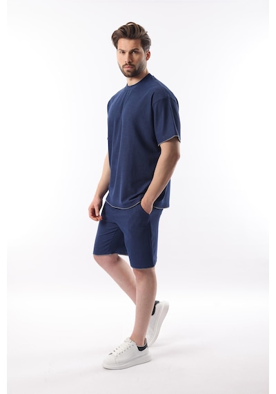 Madmext Lacivert Nakış Detaylı Erkek Şort T-shirt Takım E7305 Lacivert