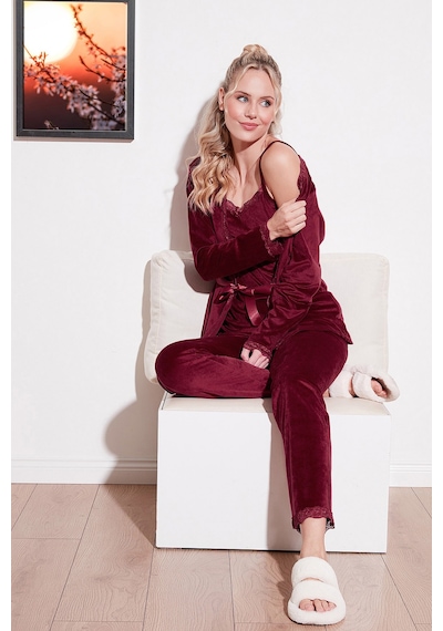 Lela Regular Fit Dantelli Yumuşak Dokulu Sabahlıklı Kadife Bayan Pijama Takımı 6095545 Bordo