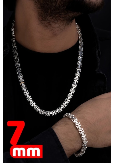 Erkek Gümüş Kolye Bileklik Set - 7mm Parlak Euro Kral Zincir