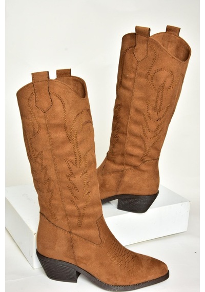 Fox Shoes T404401202 Taba Süet Kovboy Model Kadın Çizme Taba-Süet