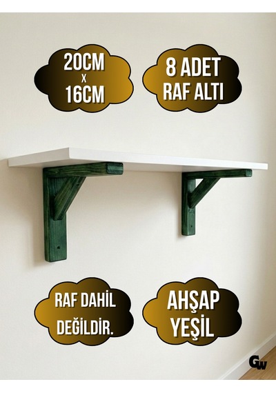 Raf Altı Ahşap Tutucu L Raf Ahşabı Duvar Sabitleyici Ahşap Yeşil 8 Adet 20x16cm Beyaz Çam