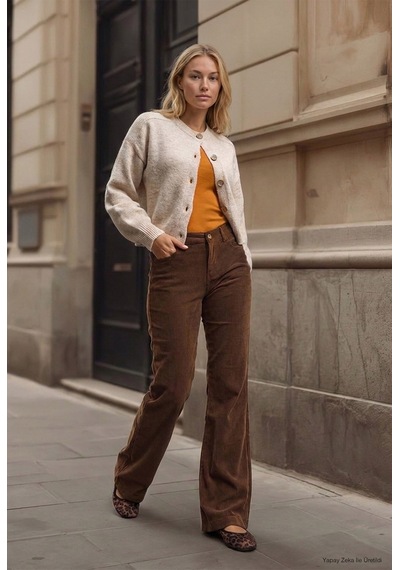 Kadın Kahve Flare Fit Velvet Kadife Kumaş Pantolon