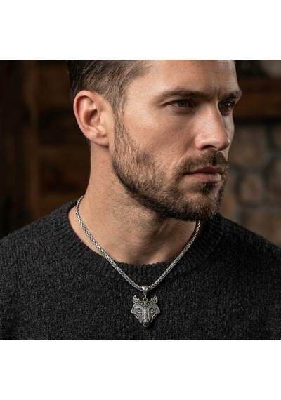 Viking Kurt Başı Kolye Erkek 925 Ayar Gümüş Wolf Head Pendant Minimalist Nordic Erkek Kolyesi