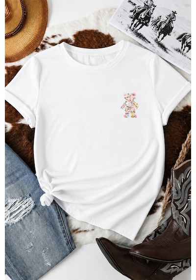 Spoyi Baharda Ayıcık Tasarımlı %100 Pamuk Yarım Oversize Beyaz T-shirt
