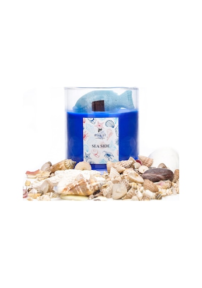 Büyük Üfleme Cam Balık Dekorlu Saks Mavisi Ocean Breeze Kokulu Vegan Mum 380 Gr