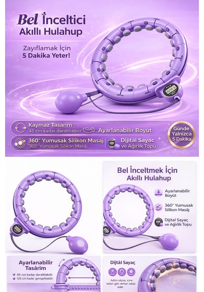 Dijital Lcd Ekranlı Masajlı Hulahoop Ayarlanabilir Ağırlıklı Egzersiz Çemberi Masaj Etkili Bel İnceltme Çemberi Mor - 929626792