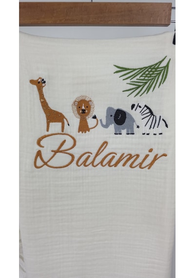 Gros Shop Müslin Yeni Doğan 4katlı Organik %100pamuk Kişiye Özgü Nakışlı Hastane Çıkış Seti-safari Model Ekru
