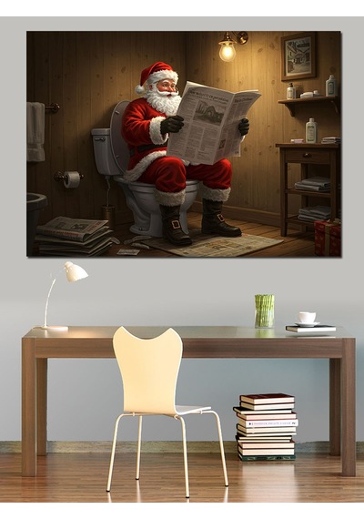 Tuvalette Gazete Okuyan Noel Baba Dekoratif Kanvas - Mdf Ahşap Tablo